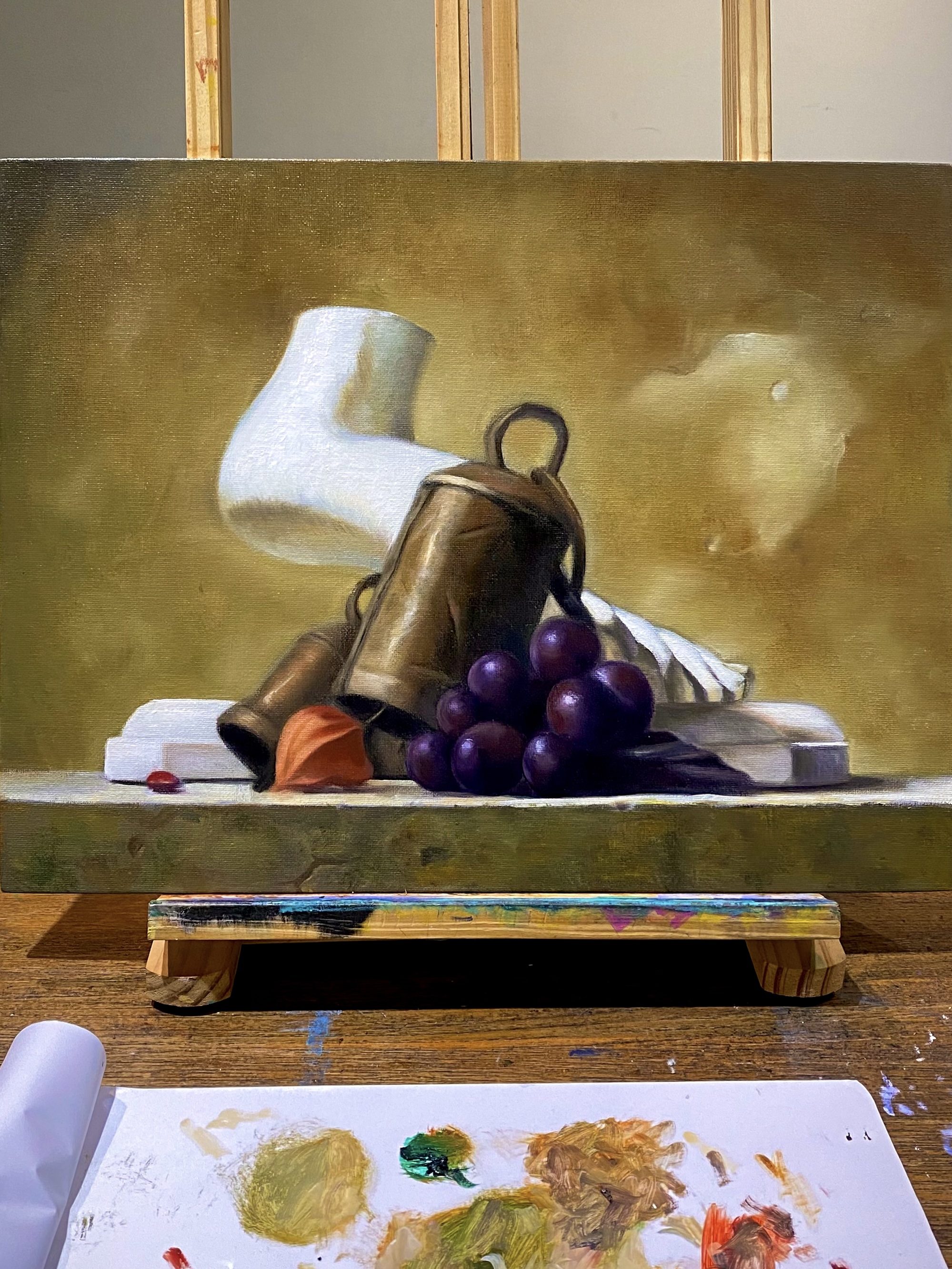 Oil painting still life with a jug and grapes